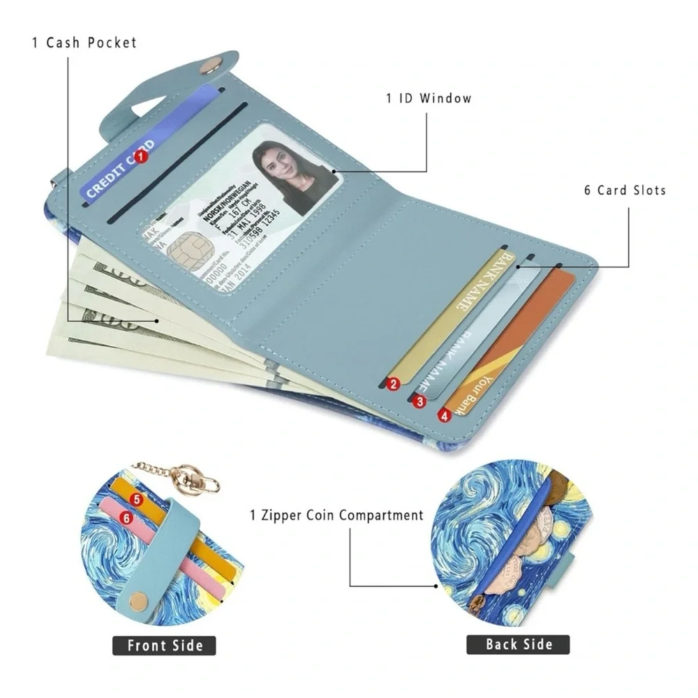 Starry Sky Wallets Woman RFID Blocking Leather Credit Card Holder keychain NEW